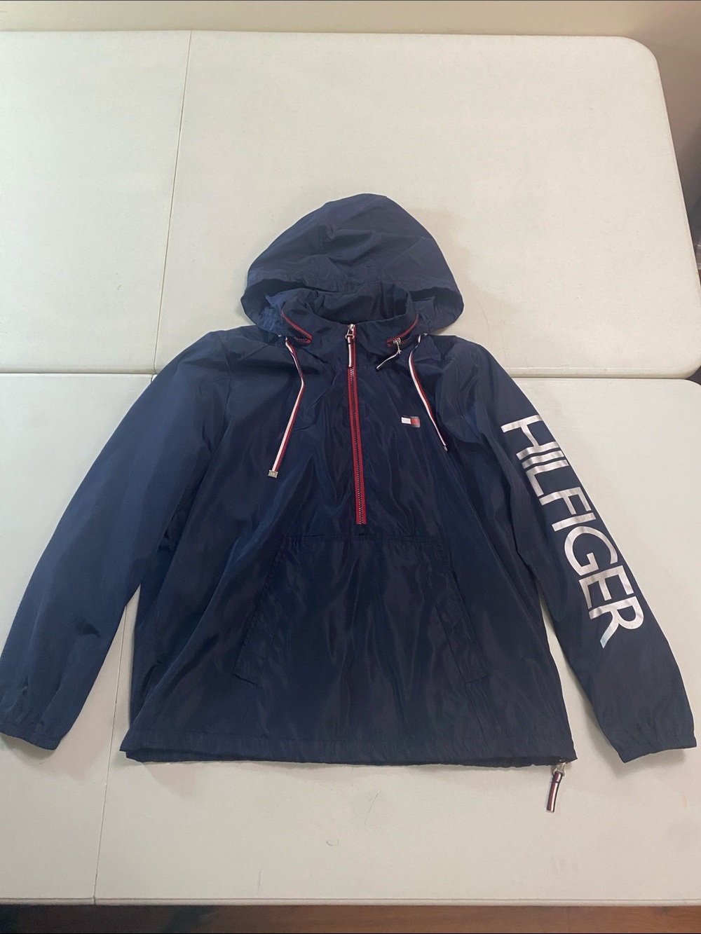 Tommy Hilfiger Navy Hooded Windbreaker with Red Trim and White Sleeve Logo